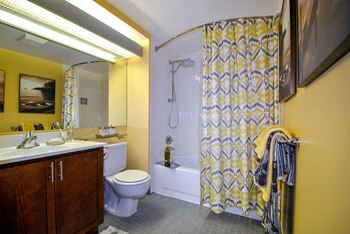a bathroom with a shower curtain and a toilet and a sink
